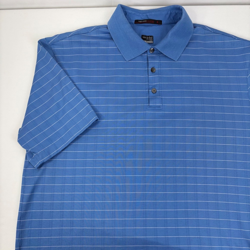 Nike Tiger Woods Collection Mens Drop Needle Blue Striped Golf Polo Shirt Large